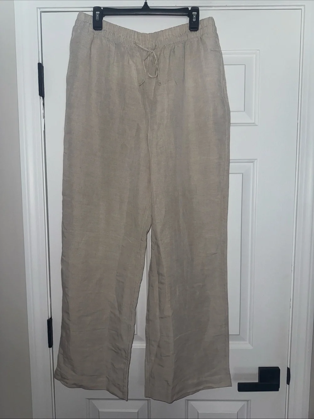 H&M Womens Large Light Beige Linen-Blend Elastic Waist Straight Leg Pants NWT